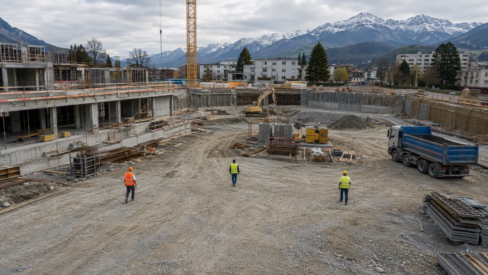 Kameraansicht einer Baustelle mit Arbeitern, Baumaschine und Lieferfahrzeug