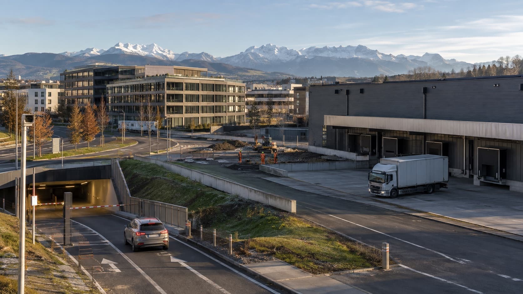 Schweizer Unternehmensareal mit Parkeinfahrt, Baustelle und Logistikhof als verbundene OrbitAI-Standorte